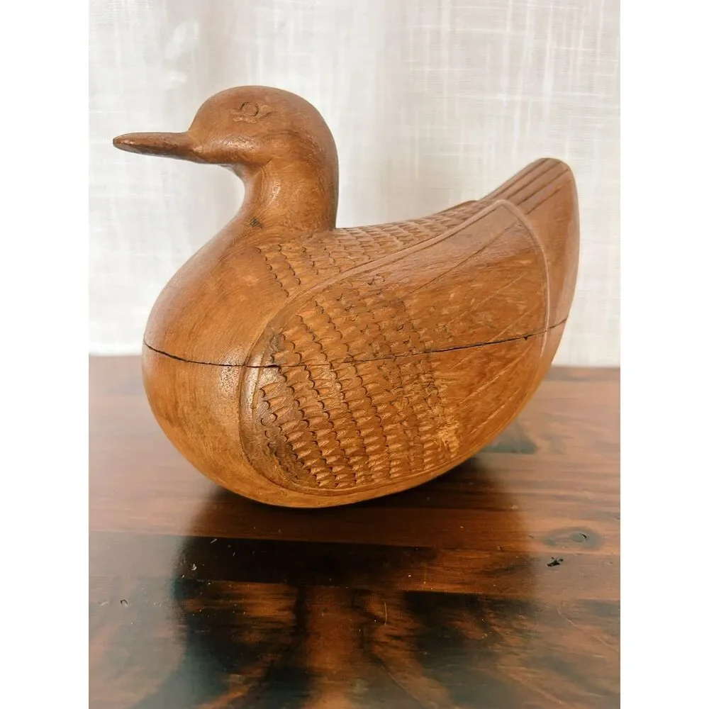 Vintage Hand-Carved Teak Wood Duck Trinket Box